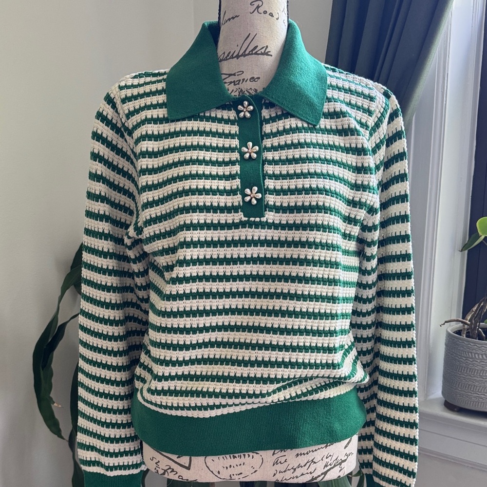 & Other Stories Green and Cream Striped Sweater